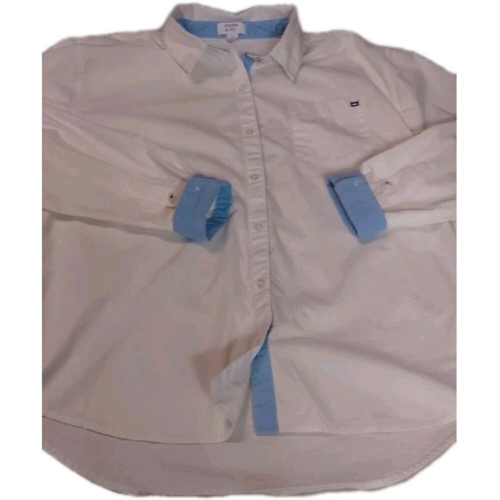 Crown & Ivy White Button Down Shirt Blue Trim Women's Size L Long Sleeve